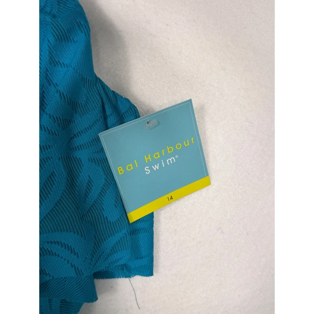 Bal Harbour Swim One‎ Piece Women 14 Teal Blue Ruffle Tropical Palm Leaf NEW